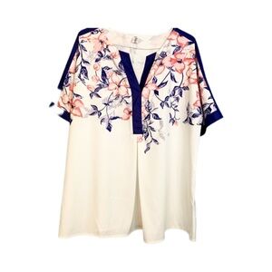 Flycurvy floral cream blouse contrast edging V-neck plus size blouse tunic Sz 2X
